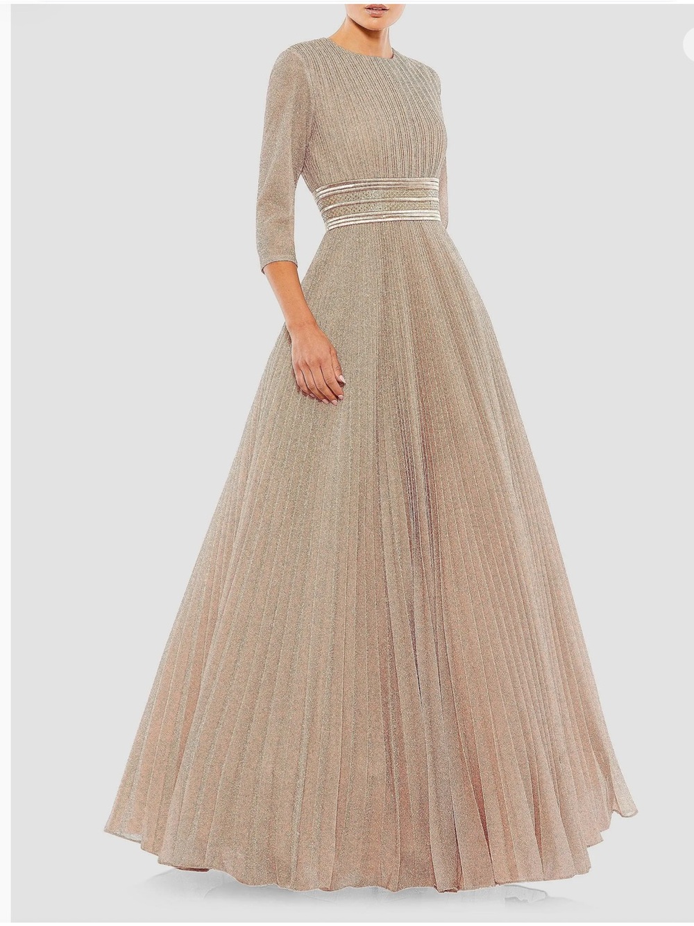 Mac Duggal Metallic Champagne Pleated Maxi Dress